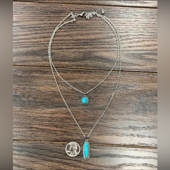 Silver and Turquoise Layered Necklace ~ 2-strand Turquoise Necklace - Picture 2 of 3